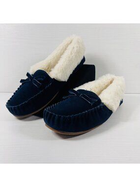 Talbots Ruby Bow Moccasins Women 9 Navy Blue Suede White Faux Fur House Slippers